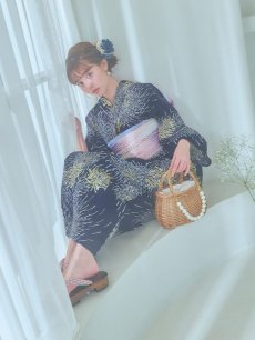 画像2: 【即日発送！】夜空×花火キラキラ浴衣 【浴衣3点セット 浴衣/帯/下駄】 [OF04] (2)