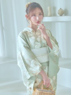 画像1: 【即日発送】くすみグリーン×ホワイトフラワー浴衣 【浴衣3点セット 浴衣/帯/下駄】 [YMT] (1)