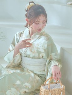 画像13: 【即日発送】くすみグリーン×ホワイトフラワー浴衣 【浴衣3点セット 浴衣/帯/下駄】 [YMT] (13)