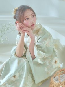 画像14: 【即日発送】くすみグリーン×ホワイトフラワー浴衣 【浴衣3点セット 浴衣/帯/下駄】 [YMT] (14)