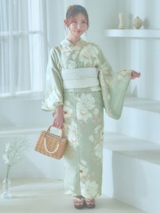 画像4: 【即日発送】くすみグリーン×ホワイトフラワー浴衣 【浴衣3点セット 浴衣/帯/下駄】 [YMT] (4)