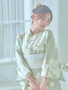 画像6: 【即日発送】くすみグリーン×ホワイトフラワー浴衣 【浴衣3点セット 浴衣/帯/下駄】 [YMT] (6)