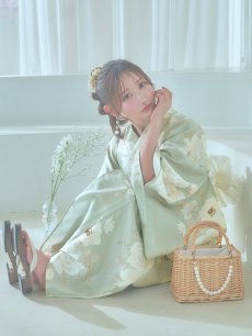 画像7: 【即日発送】くすみグリーン×ホワイトフラワー浴衣 【浴衣3点セット 浴衣/帯/下駄】 [YMT] (7)