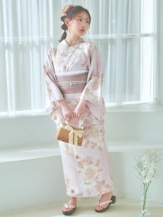 画像2: 【即日発送】ピンクベージュ×ホワイトローズ浴衣 【浴衣3点セット 浴衣/帯/下駄】 [YMT] (2)