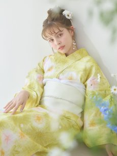 画像1: 【即日発送】イエローグリーン絞り柄浴衣 【浴衣3点セット 浴衣/帯/下駄】 [YMT] (1)