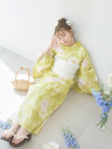 画像14: 【即日発送】イエローグリーン絞り柄浴衣 【浴衣3点セット 浴衣/帯/下駄】 [YMT] (14)