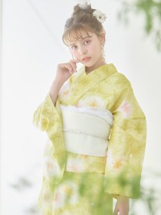 画像2: 【即日発送】イエローグリーン絞り柄浴衣 【浴衣3点セット 浴衣/帯/下駄】 [YMT] (2)