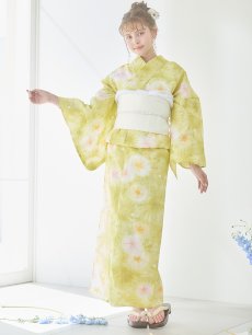 画像4: 【即日発送】イエローグリーン絞り柄浴衣 【浴衣3点セット 浴衣/帯/下駄】 [YMT] (4)