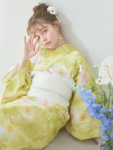 画像5: 【即日発送】イエローグリーン絞り柄浴衣 【浴衣3点セット 浴衣/帯/下駄】 [YMT] (5)