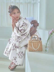 画像2: 【即日発送】くすみカラー× 水彩フラワー浴衣 【浴衣3点セット 浴衣/帯/下駄】 [YMT] (2)