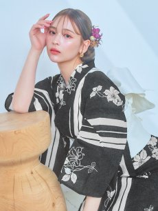 画像14: 【即日発送！】ストライプ×フラワーレトロ浴衣 【浴衣3点セット 浴衣/帯/下駄】 [YMT] (14)