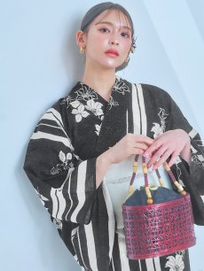 画像3: 【即日発送！】ストライプ×フラワーレトロ浴衣 【浴衣3点セット 浴衣/帯/下駄】 [YMT] (3)
