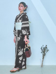 画像5: 【即日発送！】ストライプ×フラワーレトロ浴衣 【浴衣3点セット 浴衣/帯/下駄】 [YMT] (5)