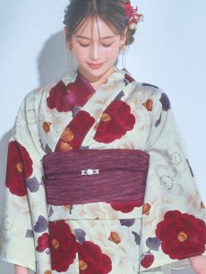 画像14: 【即日発送】ホワイト＆レッド椿浴衣 【浴衣3点セット 浴衣/帯/下駄】 [OF04] (14)