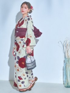 画像3: 【即日発送】ホワイト＆レッド椿浴衣 【浴衣3点セット 浴衣/帯/下駄】 [OF04] (3)