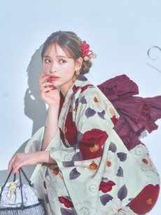 画像6: 【即日発送】ホワイト＆レッド椿浴衣 【浴衣3点セット 浴衣/帯/下駄】 [OF04] (6)