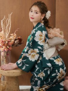 画像1: 【即日発送】グリーン×牡丹浴衣 【浴衣3点セット 浴衣/帯/下駄】 [YMT] (1)