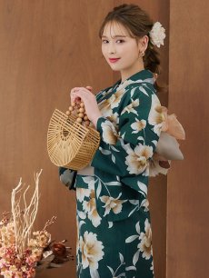 画像9: 【即日発送】グリーン×牡丹浴衣 【浴衣3点セット 浴衣/帯/下駄】 [YMT] (9)