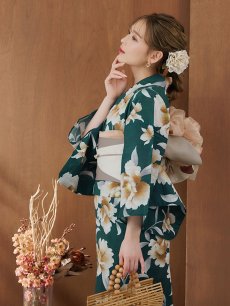 画像11: 【即日発送】グリーン×牡丹浴衣 【浴衣3点セット 浴衣/帯/下駄】 [YMT] (11)