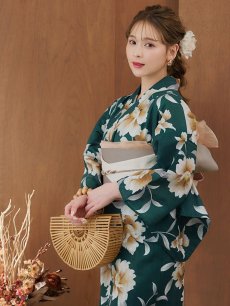 画像2: 【即日発送】グリーン×牡丹浴衣 【浴衣3点セット 浴衣/帯/下駄】 [YMT] (2)