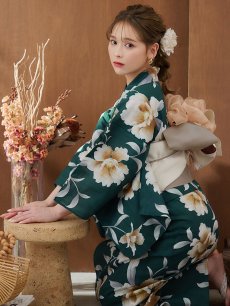 画像3: 【即日発送】グリーン×牡丹浴衣 【浴衣3点セット 浴衣/帯/下駄】 [YMT] (3)