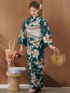 画像4: 【即日発送】グリーン×牡丹浴衣 【浴衣3点セット 浴衣/帯/下駄】 [YMT] (4)