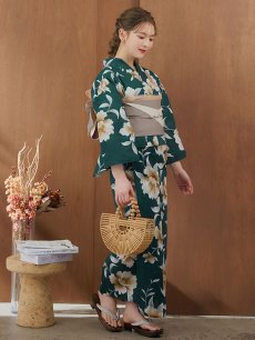 画像6: 【即日発送】グリーン×牡丹浴衣 【浴衣3点セット 浴衣/帯/下駄】 [YMT] (6)