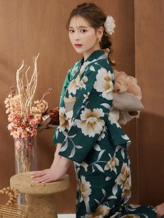 画像8: 【即日発送】グリーン×牡丹浴衣 【浴衣3点セット 浴衣/帯/下駄】 [YMT] (8)