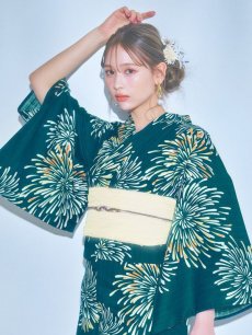 画像10: 【即日発送】エメラルドグリーン×花火浴衣 【浴衣3点セット 浴衣/帯/下駄】 [YMT] (10)