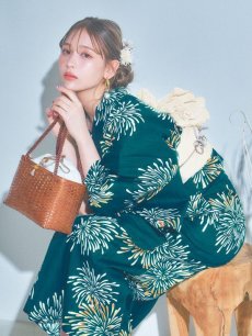 画像1: 【即日発送】エメラルドグリーン×花火浴衣 【浴衣3点セット 浴衣/帯/下駄】 [YMT] (1)