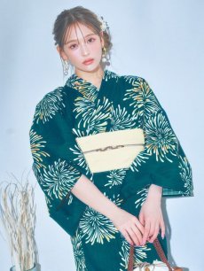 画像2: 【即日発送】エメラルドグリーン×花火浴衣 【浴衣3点セット 浴衣/帯/下駄】 [YMT] (2)