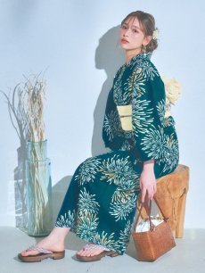 画像7: 【即日発送】エメラルドグリーン×花火浴衣 【浴衣3点セット 浴衣/帯/下駄】 [YMT] (7)