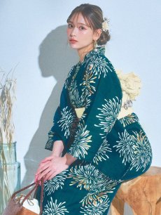 画像8: 【即日発送】エメラルドグリーン×花火浴衣 【浴衣3点セット 浴衣/帯/下駄】 [YMT] (8)