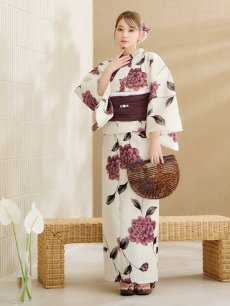 画像2: 【即日発送】 パープルレッドダリア柄浴衣 【浴衣3点セット 浴衣/帯/下駄】 [YMT] (2)