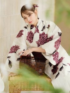 画像13: 【即日発送】 パープルレッドダリア柄浴衣 【浴衣3点セット 浴衣/帯/下駄】 [YMT] (13)