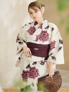 画像3: 【即日発送】 パープルレッドダリア柄浴衣 【浴衣3点セット 浴衣/帯/下駄】 [YMT] (3)