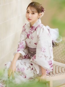 画像1: 【即日発送】パープルピンクフラワー浴衣 【浴衣3点セット 浴衣/帯/下駄】 [YMT] (1)