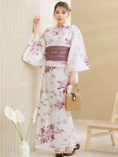 画像4: 【即日発送】パープルピンクフラワー浴衣 【浴衣3点セット 浴衣/帯/下駄】 [YMT] (4)