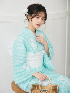 画像1: 【即日発送】桜×アイシーミントカラー浴衣 【浴衣3点セット 浴衣/帯/下駄】 [OF04] (1)
