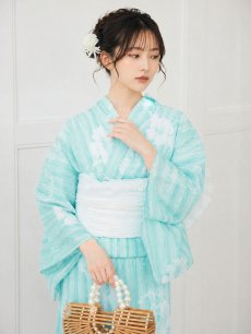 画像2: 【即日発送】桜×アイシーミントカラー浴衣 【浴衣3点セット 浴衣/帯/下駄】 [OF04] (2)