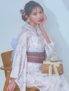 画像1: 【即日発送】くすみカラー×パープルダリア浴衣 【浴衣3点セット 浴衣/帯/下駄】 [YMT] (1)