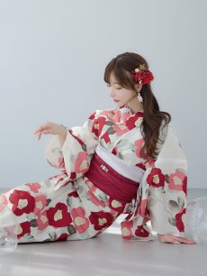 画像2: 【即日発送】古典レトロ椿浴衣 【浴衣3点セット 浴衣/帯/下駄】 [YMT] (2)