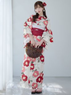 画像4: 【即日発送】古典レトロ椿浴衣 【浴衣3点セット 浴衣/帯/下駄】 [YMT] (4)