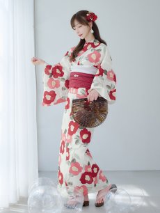 画像7: 【即日発送】古典レトロ椿浴衣 【浴衣3点セット 浴衣/帯/下駄】 [YMT] (7)