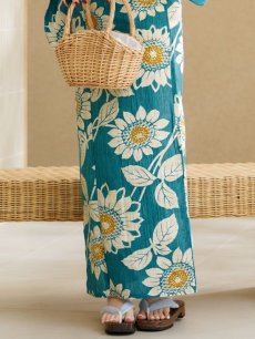 画像16: 【即日発送！】アクア地×向日葵のハイカラ浴衣 【浴衣3点セット 浴衣/帯/下駄】 [YMT] (16)