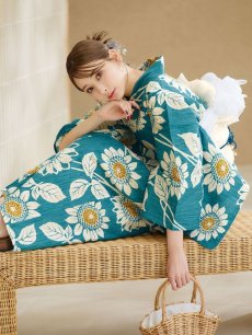 画像1: 【即日発送！】アクア地×向日葵のハイカラ浴衣 【浴衣3点セット 浴衣/帯/下駄】 [YMT] (1)