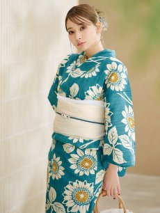 画像10: 【即日発送！】アクア地×向日葵のハイカラ浴衣 【浴衣3点セット 浴衣/帯/下駄】 [YMT] (10)