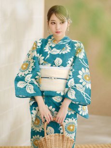 画像11: 【即日発送！】アクア地×向日葵のハイカラ浴衣 【浴衣3点セット 浴衣/帯/下駄】 [YMT] (11)