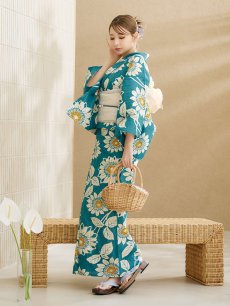 画像12: 【即日発送！】アクア地×向日葵のハイカラ浴衣 【浴衣3点セット 浴衣/帯/下駄】 [YMT] (12)
