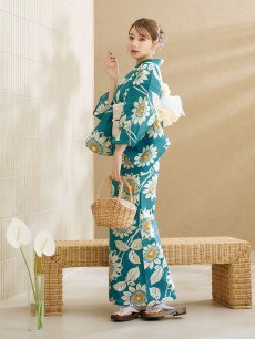 画像13: 【即日発送！】アクア地×向日葵のハイカラ浴衣 【浴衣3点セット 浴衣/帯/下駄】 [YMT] (13)